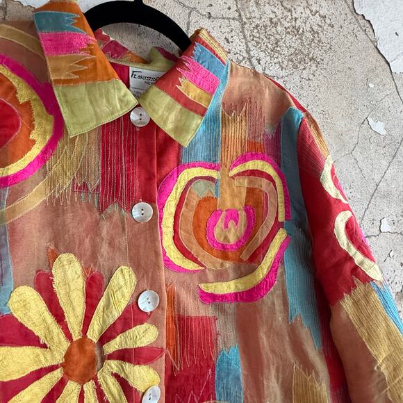 Vtg Silk Jacket Embroidered Boho Statement Blazer Colorful Maximalist Women's L - Picture 4 of 6
